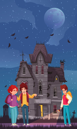 Scary house cartoon poster with teenagers in front of spooky building vector illustrationのイラスト素材