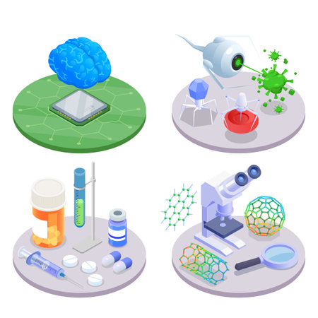 Nanotechnology nanomedicine isometric design concept with microchip nanorobots medication and nanotubes isolated 3d vector illustrationのイラスト素材