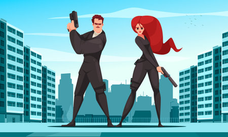 Super agent cartoon with couple in security guard clothing on city background vector illustrationのイラスト素材