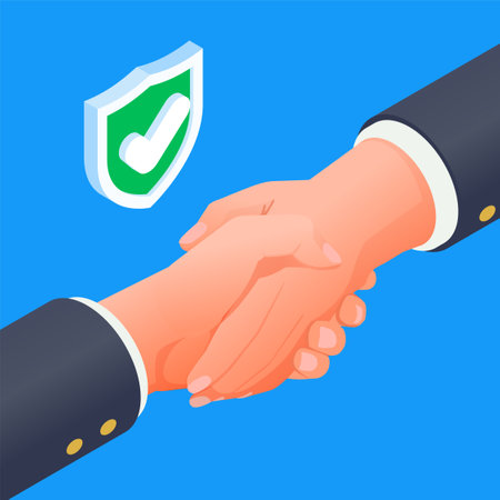 Business contract agreement isometric concept with handshaking on blue background 3d vector illustrationのイラスト素材