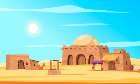 Arabic city cartoon poster with traditional desert town buildings vector illustrationのイラスト素材