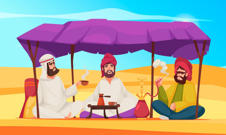 Desert life cartoon scene with people in traditional clothes drinking coffee and smoking hookah vector illustrationのイラスト素材