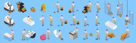Isolated and isometric cleaning icon set with cleaner workers on job on blue background vector illustrationのイラスト素材