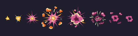 Cartoon set with bomb explosion effects of different size for flash animation isolated against black...