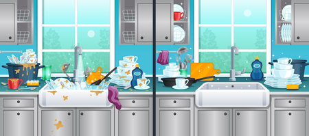 Dirty and clean kitchen background with washing dishes symbols flat vector illustrationのイラスト素材