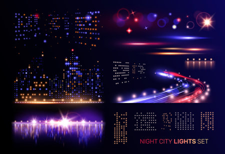Night city lights set with flashing windows of high buildings motorway car headlights and river bridges vector illustrationのイラスト素材