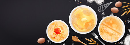 Maslenitsa pancakes horizontal illustration with plates of fried tasty blinis raw eggs and wheat...
