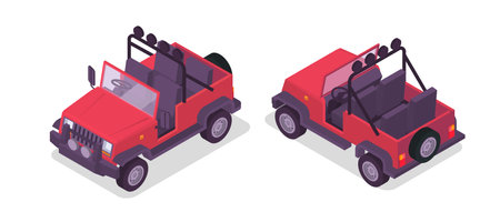 Safari colored and isometric icon set with two red pickup trucks for safari travel vector illustrationのイラスト素材