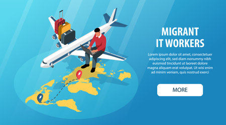 Migrant workers isometric horizontal banner with IT specialist working on laptop plane suitcases 3d vector illustrationのイラスト素材