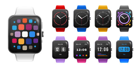 Smart watch with square screen and colorful strap realistic set isolated on white background vector illustrationのイラスト素材