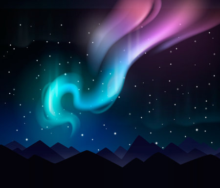 Northern lights realistic composition with night mountain landscape and starry dark sky vector illustrationのイラスト素材
