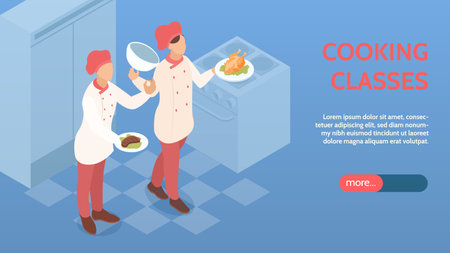 Cooking isometric horizontal banner with cooking classes symbols vector illustrationのイラスト素材