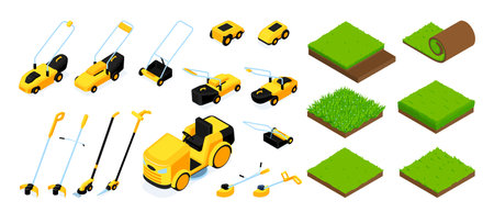 Isometric icons set of grass samples and lawn movers and electric trimmers isolated vector illustrationのイラスト素材