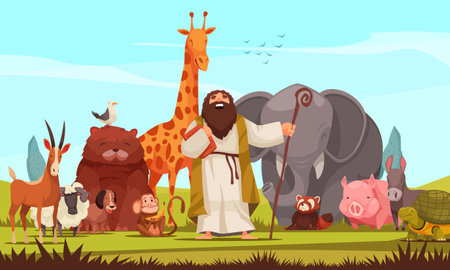 Noah surrounded by group of wild animals gathered to escape from flood flat colored background cartoon vector illustrationのイラスト素材