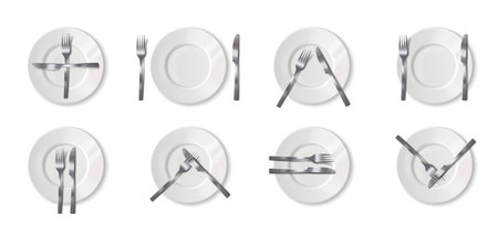 Realistic restaurant dining etiquette set with various positioning of cutlery on plate isolated...