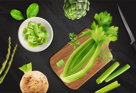 Realistic celery chalkboard composition sliced stem celery on cutting board and root top view vector illustrationのイラスト素材