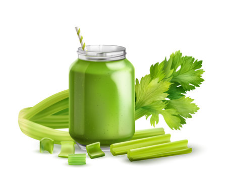 Realistic celery composition with greens and  big jar of healthy celery smoothie vector illustrationのイラスト素材
