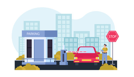 Parking flat composition secure parking on the street in the middle of town with valet booth and barrier vector illustrationのイラスト素材