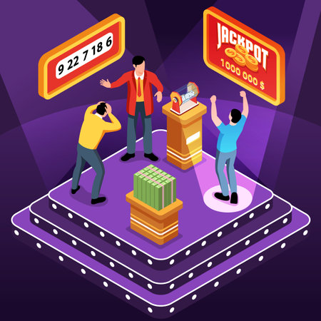 Isometric bingo lottery concept with people winning and losing vector illustrationのイラスト素材