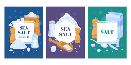 Sea salt flat cards set of three vertical compositions with piles of salt packages and text vector illustrationのイラスト素材