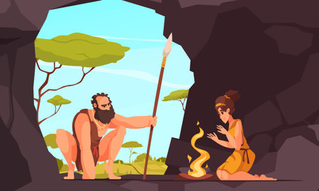 Prehistoric people man with spear and woman in cave with fire cartoon vector illustrationのイラスト素材