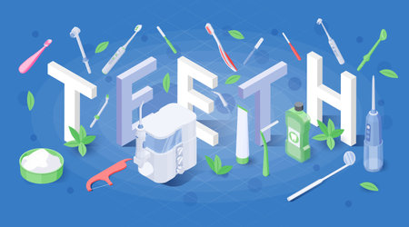 Teeth isometric composition with big letters and dental cleaning tools vector illustrationのイラスト素材
