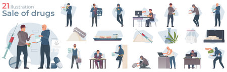 Drug trade flat composition set with narcotics dealers and people buying cocaine marijuana pills isolated vector illustrationのイラスト素材