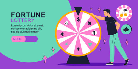 Flat lottery horizontal banner with man turning fortune wheel vector illustrationのイラスト素材