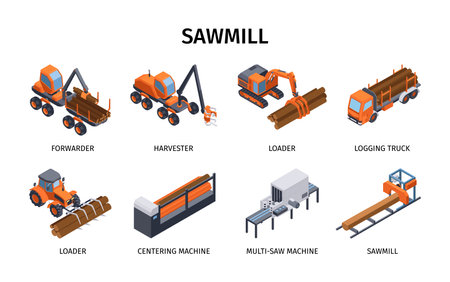 Isometric sawmill set with harvester loader and forwarder machines isolated vector illustrationのイラスト素材