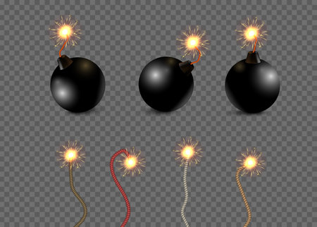 Round dynamite bomb realistic set with images of vintage bombs with burning fuse on transparent background vector illustrationのイラスト素材