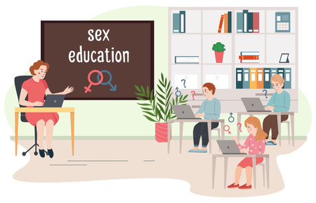 Sex education flat background with female teacher at board giving lesson to children in class vector illustrationのイラスト素材