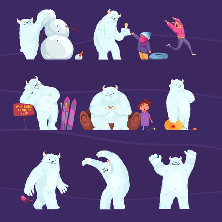 Funny yeti characters and little children contacting with bigfoot cartoon set isolated on violet background vector illustrationのイラスト素材