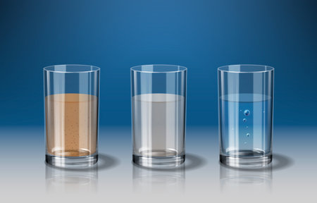 Filter realistic concept with glasses containing different water filtration stages vector illustrationのイラスト素材