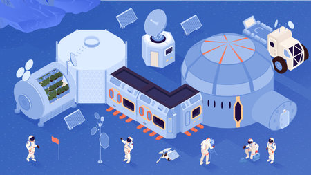 Space colonization concept with settlement mission symbols isometric vector illustrationのイラスト素材
