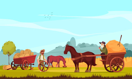 Horse drawn vehicles at rustic background with animals in harness to work on ranch cartoon vector illustrationのイラスト素材