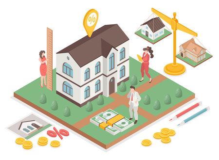 Real estate appraisal isometric composition with agents making price estimation vector illustrationのイラスト素材