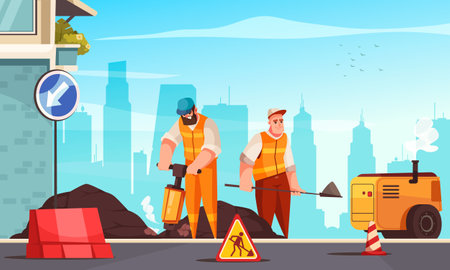 Road repair cartoon vector illustration with two male workers in road form making asphalt maintenanceのイラスト素材