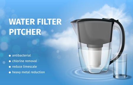 Water filter pitcher on realistic background ad poster template vector illustrationのイラスト素材