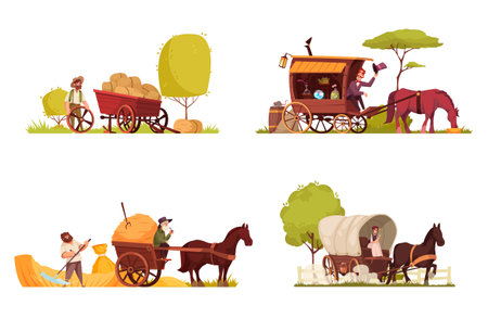 Horse drawn vehicles 2x2 compositions set of carriage coach cart and wagon with two and four wheels cartoon vector illustrationのイラスト素材