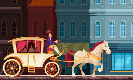 Vintage vehicle cartoon vector illustration with coachman on old victorian chariot driving white horseのイラスト素材