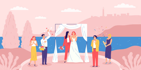 Lgbt women wedding composition wedding ceremony for two women on the seashore or ocean vector illustrationのイラスト素材