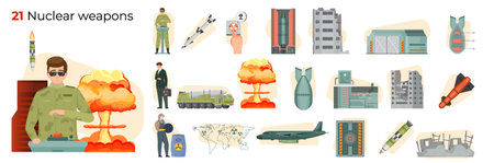 Nuclear war flat composition set with ballistic missiles explosion destroyed houses military men isolated vector illustrationのイラスト素材