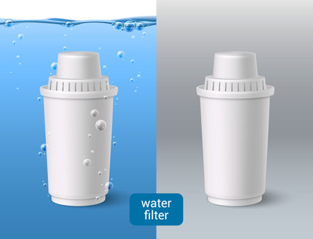 Water filter realistic composition with replacement cartridge in water vector illustrationのイラスト素材