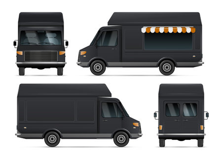 Realistic set of black food trucks mockup front back and side views isolated against white background vector illustrationのイラスト素材