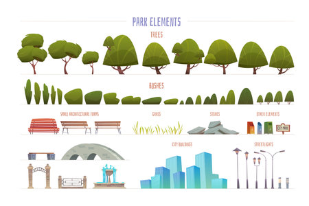 City park elements cartoon set of summer trees bushes benches street lights stones buildings grass isolated vector illustrationのイラスト素材
