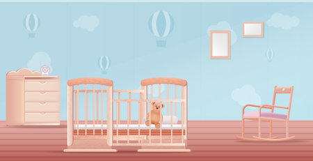 Cute baby room interior with rocking chair changing table with chest of drawers and teddy bear in crib realistic vector illustrationのイラスト素材