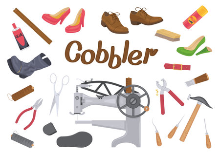 Shoes repairing service flat background with isolated icons of cobblers tools boots and supplies with text vector illustrationのイラスト素材