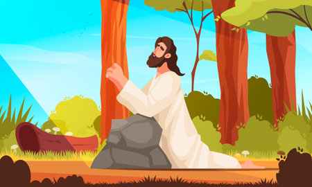 Children Bible cartoon scene with Jesus Christ praying outdoors vector illustrationのイラスト素材