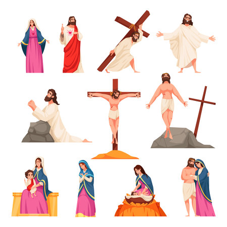 Holy bible new testament cartoon icons set with Jesus Christ and Virgin Mary isolated vector illustrationのイラスト素材