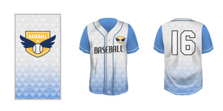 Front and rear view of baseball shirt with magnified emblem in realistic style isolated vector illustrationのイラスト素材